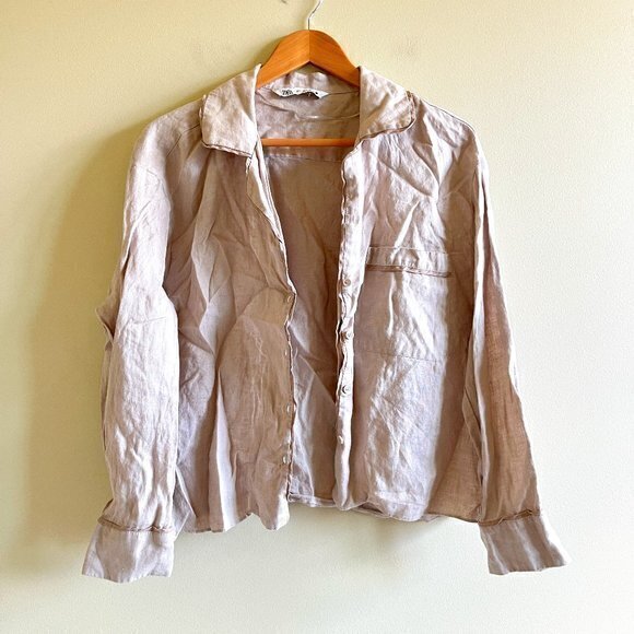Zara Linen Button Down Pajama Top Pocket Womens Size M Beige‎ Comfy Long Sleeve - Picture 1 of 4